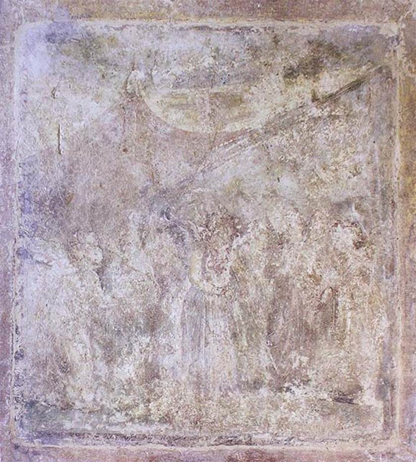 IX.3.5 Pompeii. Triclinium 14, north wall, side panel. Tragic Cupids.
According to PPM, this is cupids preparing for a tragic scene.
Now in Naples Archaeological Museum.  Inventory number 9191.
See Carratelli, G. P., 1990-2003. Pompei: Pitture e Mosaici.  Roma: Istituto della enciclopedia italiana, Vol. IX, fig. 174, p. 259.
See Helbig, W., 1868. Wandgemälde der vom Vesuv verschütteten Städte Campaniens. Leipzig: Breitkopf und Härtel, 768.

According to Schefold, this is Dramatic Cupids, inventory number 9193, Helbig 767.
See Schefold, K., 1957. Die Wände Pompejis. Berlin: De Gruyter, p. 249. Helbig describes in the centre an Eros in long blue chiton with long sleeved yellow undergarment, playing two long pipes. 
Next to him a psyche with four butterfly wings, long chiton with flute in left and the right uplifted, carefully listening to her playing.
See Helbig, W., 1868. Wandgemälde der vom Vesuv verschütteten Städte Campaniens. Leipzig: Breitkopf und Härtel, 767.
