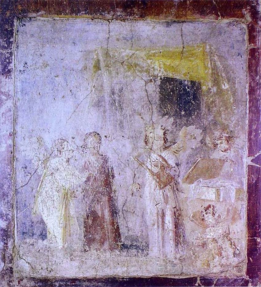 IX.3.5 Pompeii. Triclinium 14. Cupids forming a lyrical choir.
Now in Naples Archaeological Museum. Inventory number 9206.
See Carratelli, G. P., 1990-2003. Pompei: Pitture e Mosaici.  Roma: Istituto della enciclopedia italiana, Vol. IX, fig. 202, p. 279.
Helbig describes a Psyche standing with a cithar and an Eros in long yellow robe in conversation next to another psyche in long violet robe.
See Helbig, W., 1868. Wandgemälde der vom Vesuv verschütteten Städte Campaniens. Leipzig: Breitkopf und Härtel, 766.
See Schefold, K., 1957. Die Wände Pompejis. Berlin: De Gruyter, p. 249.
