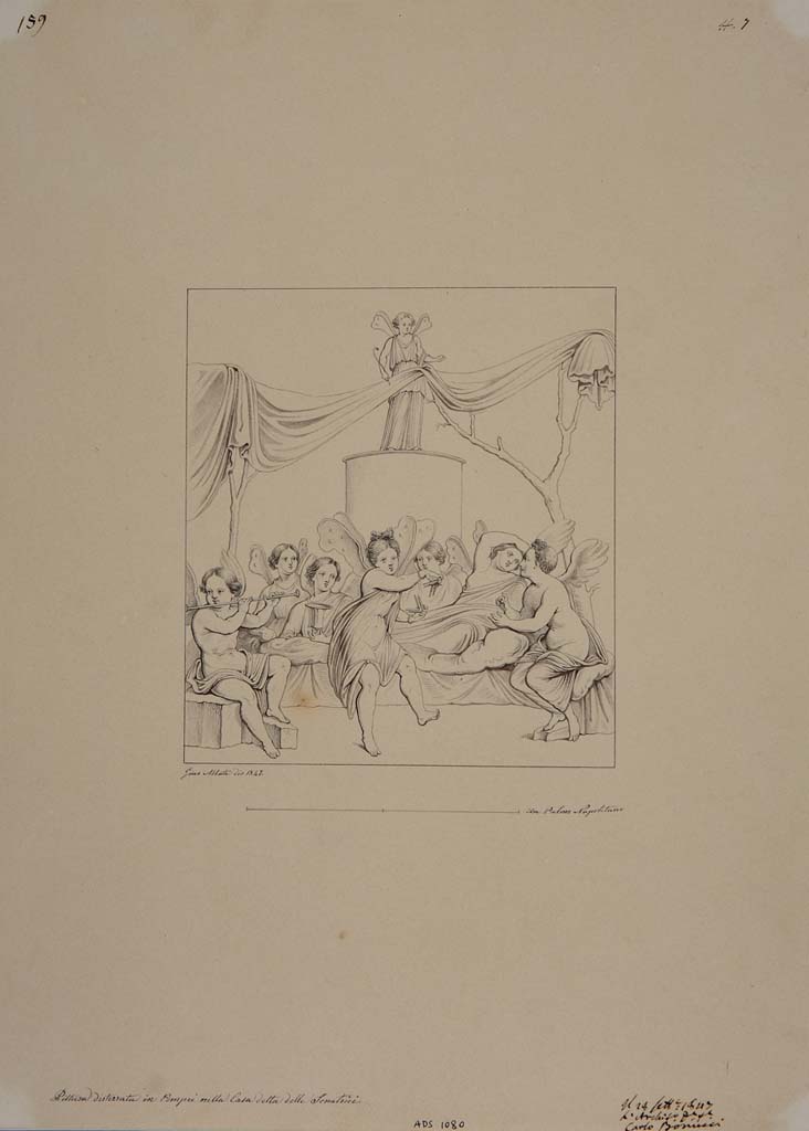 IX.3.5 Pompeii. Triclinium 14, drawing by Giuseppe Abbate, 1847, of painting showing Cupids banqueting. 
Now in Naples Archaeological Museum. Inventory number ADS 1080.
Photo © ICCD. https://www.catalogo.beniculturali.it
Utilizzabili alle condizioni della licenza Attribuzione - Non commerciale - Condividi allo stesso modo 2.5 Italia (CC BY-NC-SA 2.5 IT)
See also
Real Museo Borbonico, vol. 15, 1856, tav. XVIII.

