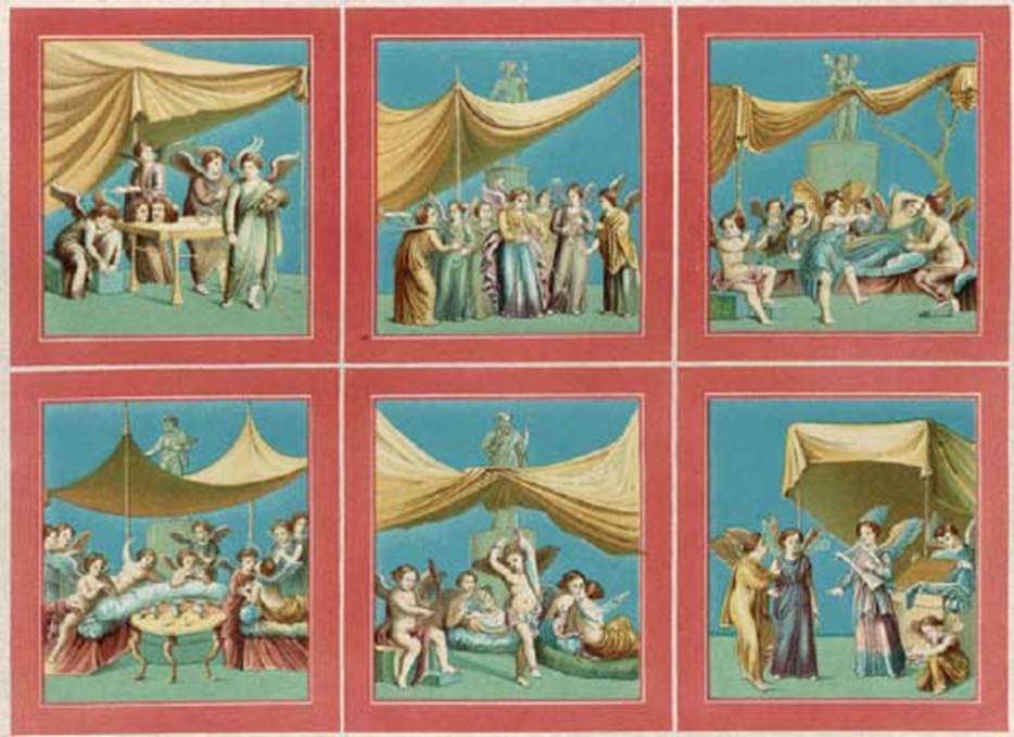 IX.3.5 Pompeii. Room 14, 1852 paintings of Psyche and cupids from the side panels on the walls of triclinium.
See Niccolini F, 1854. Le case ed i monumenti di Pompei: Volume Primo. Napoli. 2, Tav 9.
These are now in Naples Archaeological Museum.  
According to Schefold these are 
Top row, left to right:
   Tragic cupids, inventory number 9191, Helbig 768.
   Dramatic cupids, inventory number 9193, Helbig 767.
   Banquet with dancing Psyche, inventory number 9208, Helbig 760.
Lower row, left to right:
   Banquet with table, inventory number 9255, Helbig 757.
   Banquet with dancing cupid, inventory number 9207, Helbig 759.
   Lyrical choir practicing, inventory number 9206, Helbig 766.
See Schefold, K., 1957. Die Wände Pompejis. Berlin: De Gruyter. p. 249. 

Helbig describes
757: Three-sided drink laden table
759: Dancing Eros in centre.
760: Dancing Psyche in centre.
766: Psyche standing with a cithara in her left hand and a plectrum in her right. Opposite her stands an Eros, wrapped in a yellow cloak, which seems to be a salutation to her. Next to him is a psyche in a long violet chiton, holding an obscure object in her left hand, perhaps a crotalum (castanet), with four butterfly-wings on her back. Right kneels another psyche. In the background, a blue dressed psyche opens a box in which blue garments lie.
767: in centre an Eros in long blue chiton with long sleeved yellow undergarment und playing through a leather strap two long pipes. Next to him a psyche with four butterfly wings long chiton with arms flute in left the right uplifted, carefully listening to her playing.
768 Table with two tragic masks left sits an Eros doing up his shoe: right near the table stands another with yellow robe a pedum in the right a bearded mask in the left.
See Helbig, W., 1868. Wandgemälde der vom Vesuv verschütteten Städte Campaniens. Leipzig: Breitkopf und Härtel.

