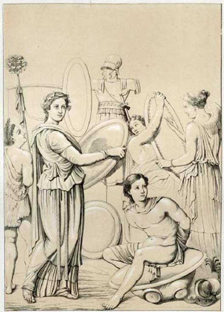 IX.3.5 Pompeii. Room 14, centre panel of north wall. 
1854 drawing of the triumph of Bacchus in India – erecting the trophaeon.
See Niccolini F, 1854. Le case ed i monumenti di Pompei: Volume Primo. Napoli. 2, Tav 5.
See also
Real Museo Borbonico, vol 15, 1856, tav.XXXII.
Kuivalainen comments –
“A somewhat effeminate fully robed young Bacchus is depicted with one of his companions, a captive, and Victory with a female assistant. 
The scene is perhaps to be linked to the Indian triumph, to a moment of calmness when the accomplishments of the divinity are being inscribed and he is examining the spoils.”
See Kuivalainen, I., 2021. The Portrayal of Pompeian Bacchus. Commentationes Humanarum Litterarum 140. Helsinki: Finnish Society of Sciences and Letters, (F31, p.184). 
centre panel of north wall. 
1854 drawing of the triumph of Bacchus in India – erecting the trophaeon.
See Niccolini F, 1854. Le case ed i monumenti di Pompei: Volume Primo. Napoli. 2, Tav 5.
Kuivalainen comments –
“A somewhat effeminate fully robed young Bacchus is depicted with one of his companions, a captive, and Victory with a female assistant. 
The scene is perhaps to be linked to the Indian triumph, to a moment of calmness when the accomplishments of the divinity are being inscribed and he is examining the spoils.”
See Kuivalainen, I., 2021. The Portrayal of Pompeian Bacchus. Commentationes Humanarum Litterarum 140. Helsinki: Finnish Society of Sciences and Letters, (F31, p.184). 

