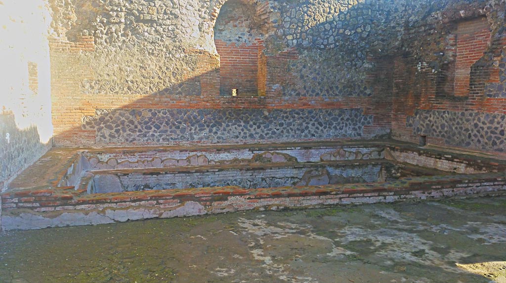 IX.4.18 Pompeii. December 2019. 
Room “p”, apodyterium or frigidarium, looking towards east wall with recess/niche above pool. Photo courtesy of Giuseppe Ciaramella.
