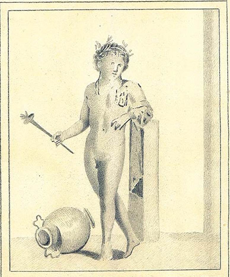 IX.5.11 Pompeii. 1880. Room 4, north wall of triclinium. 
Copy by Discanno of painting of Bacchus with thyrsus or a victorious athlete.
DAIR 83.243. Photo  Deutsches Archologisches Institut, Abteilung Rom, Arkiv.  
See http://arachne.uni-koeln.de/item/marbilder/5343143
