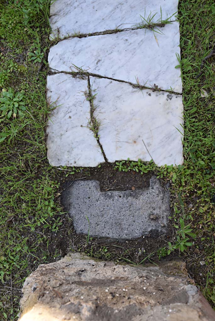 IX.5.18 Pompeii. March 2018. Triclinium “f”, detail of threshold at north end.  
Foto Annette Haug, ERC Grant 681269 DÉCOR.

