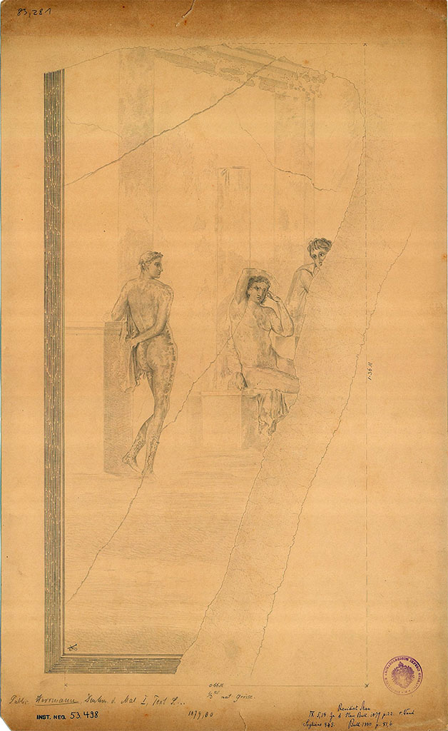 IX.5.18 Pompeii. 1879. Room “f”, north wall of triclinium. 
Drawing by A. Sikkard of wall painting of Pentheus and Dionysus.
DAIR 83.281. Photo © Deutsches Archäologisches Institut, Abteilung Rom, Arkiv. 
See Sogliano, A., 1879. Le pitture murali campane scoverte negli anni 1867-79. Napoli: Giannini, p. 161, n. 843.

