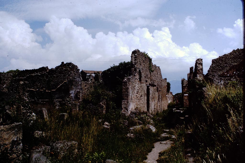 IX.6.4, on left, Pompeii. 1964. Looking south along Vicolo di Tesmo.  Photo by Stanley A. Jashemski.  
Source: The Wilhelmina and Stanley A. Jashemski archive in the University of Maryland Library, Special Collections (See collection page) and made available under the Creative Commons Attribution-Non Commercial License v.4. See Licence and use details.
J64f1229
