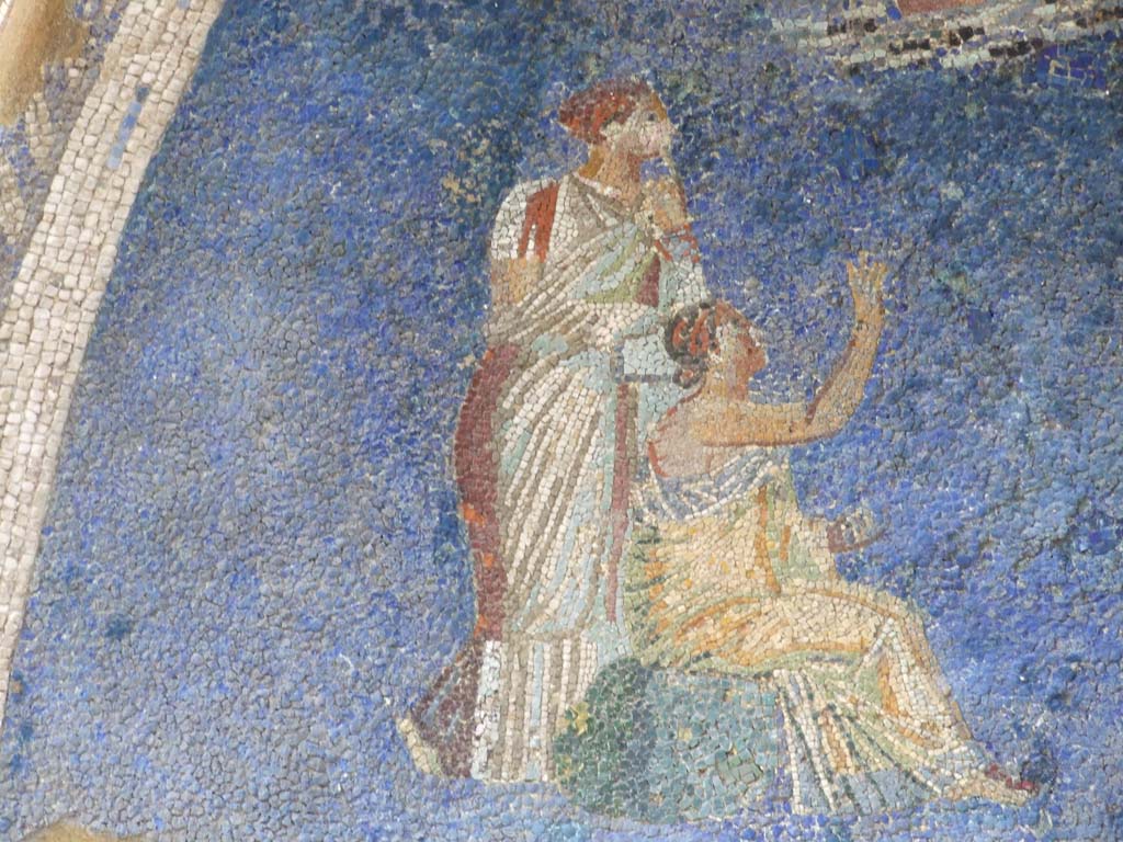 IX.7.20 Pompeii. December 2007. 
Mosaic fountain. Detail from arched top. Two female figures, one seated on rock with second standing behind.
