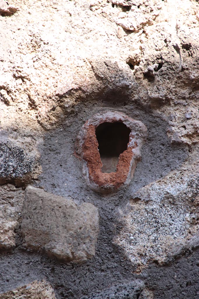 IX.7.21 Pompeii. Pompeii. October 2022. 
Detail of remains of terracotta decoration embedded in wall. Photo courtesy of Klaus Heese. 
