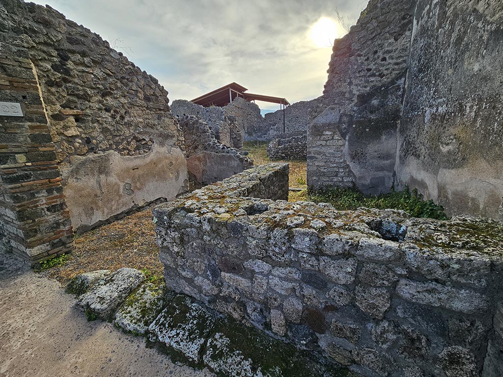 IX.7.22 Pompeii. July 2010. Looking south-east across remains of counter. 
Photo courtesy of Michael Binns.
According to Mau, the podium was covered in stucco, red at the front, and rough and reddish at the rear.
The top had been covered with slabs of marble, which were missing.
On the 30th October 1880, six amphorae with inscriptions were found here.
Also found was a broken amphora containing some lentils.
On the 4th February 1881, in the presence of Granduca Nichola di Russia, were found: 
 The base of an amphora with unidentifiable burnt material.
 A terracotta lamp 
 3 glass bottles and fragments of a fourth
 Part of the bronze fittings of a chest
 An iron hoe, 11 iron keys and small iron anvil
 2 bone dies (for game of dice) 
 A glass-paste amulet representing a small herm. 
See Notizie degli Scavi di Antichit, 1880, p.400, 1881, p. 61-2.
See Mau in BdI, 1882, p. 193.
