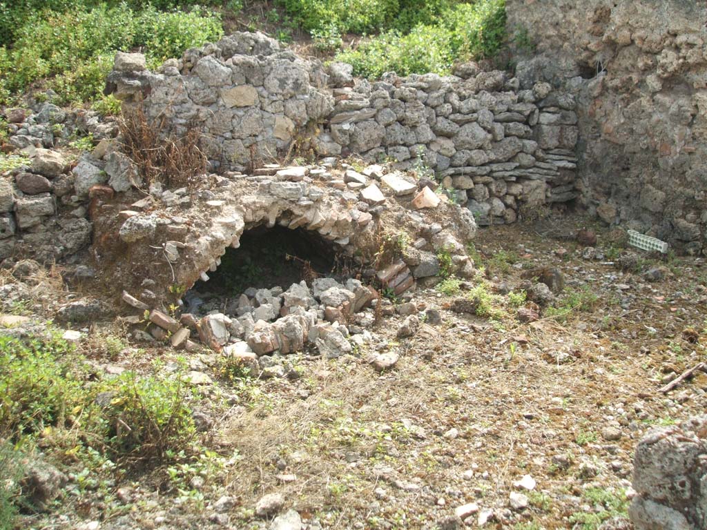 IX.7.25 Pompeii. May 2005. Kitchen, on east side of atrium. Looking east to unexcavated.
According to Mau, “f” was the kitchen, with the latrine in “e”, “g” was a room annexed to the kitchen, room “i” was probably a small cupboard.
In room “g”, two amphorae were found with identical inscriptions, only one was completely preserved. 
