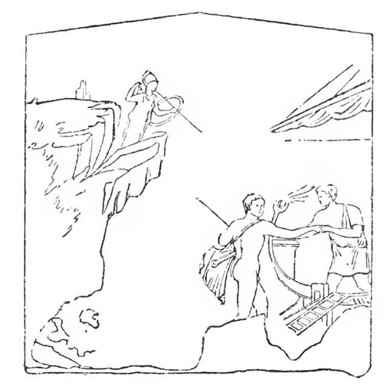IX.8.8 Pompeii. 1890 sketch of painting of Theseus abandoning Ariadne.
According to NdS, in a room, not yet entirely excavated in 1891, of a small house to the south of the House of the Centenary, a badly conserved painting was found on the west wall.
It showed Theseus abandoning Ariadne. It was 1.09m high by 1m wide.
The sleeping Ariadne was on the left but was completely destroyed.
On the right is a ladder which acts as a bridge resting on the prow of the ship.
On the bridge is the naked Theseus giving his right hand to a bearded sailor who helps him climb aboard.
In the background is a cliff, behind which Pallas descends from above, armed with helmet shield and spear. 
See Bullettino dell’Instituto di Corrispondenza Archeologica (DAIR), 1890. p. 277.
See Notizie degli Scavi di Antichità, 1891, p. 265.
