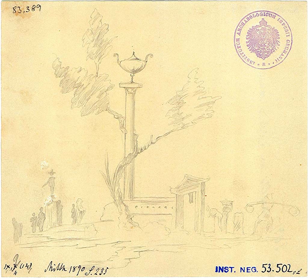 IX.9.d Pompeii. Room k. West wall. Drawing of sacred landscape painting with a sacred portal and a tree entwined round a column with an urn at its top. 
On the right is a group of travellers including a woman with a basket and a man carrying a balanced load. 
On the left is a group of offerants around a statue.
DAIR 83.389. Photo  Deutsches Archologisches Institut, Abteilung Rom, Arkiv. 
See Schefold, K., 1957. Die Wnde Pompejis. Berlin: De Gruyter, p. 283. 
See Carratelli, G. P., 1990-2003. Pompei: Pitture e Mosaici: Vol. X. Roma: Istituto della enciclopedia italiana, p. 83 no. 27.
