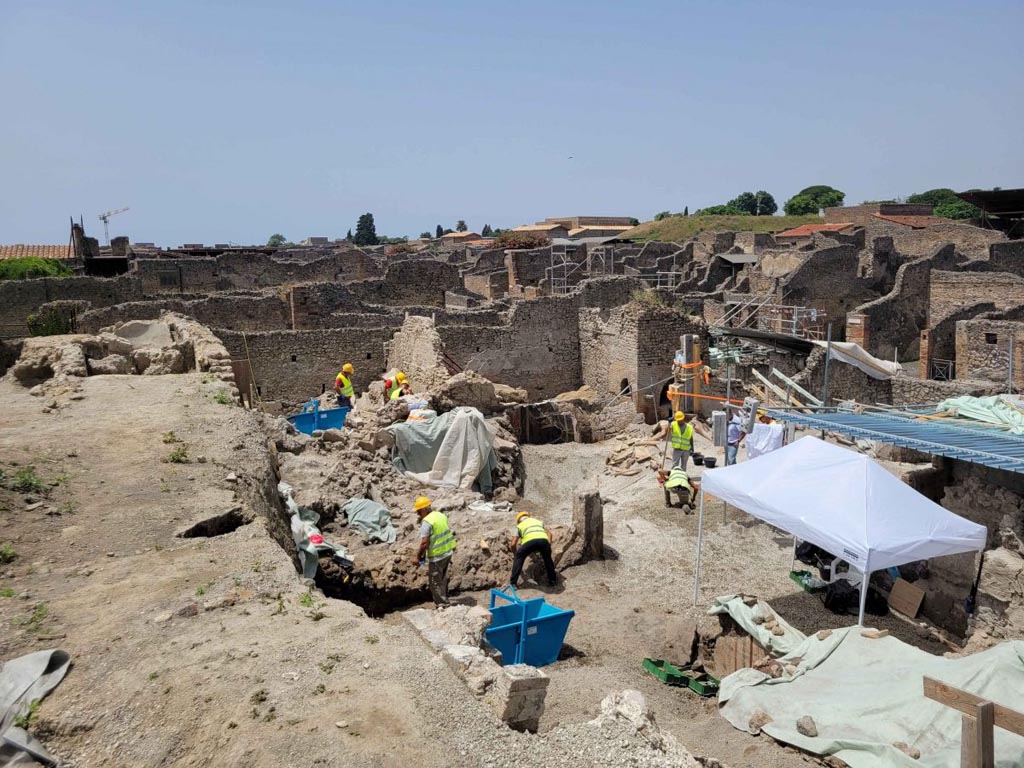 IIX.10.1 Pompeii. June 2023. View west across the house excavations.
The partially visible structures already suggested the presence of a large atrium with the canonical succession of rooms on the eastern side and, on the opposite side, the entrance to the production sector of the oven. The atrium was freed from the resulting material of the nineteenth-century excavations revealing the collapse of the compluvium roof within the layer of white pumice and a residual portion of the volcanic layers from flow (cinerites) in the southern sector. This sector still partially encumbered by the collapses preserves the frescoed tablinum (14) which occupies the entire slope with, in the south-west corner, an access corridor to a still unexplored sector. The removal of volcanic ashes has revealed in this point the surviving presence of a frescoed panel with a black background with a still life.

IX.10.1 Pompeii. Giugno 2023. Vista ovest attraverso gli scavi della casa.
Le strutture parzialmente a vista facevano già supporre la presenza di un ampio atrio con la canonica successione degli ambienti sul lato orientale e, sul lato opposto, l’ingresso al settore produttivo del forno. L’atrio è stato liberato dal materiale di risulta degli scavi ottocenteschi rivelando il crollo delle coperture compluviate all’interno dello strato di pomici bianche e una porzione residuale degli strati vulcanici da flusso (cineriti) nel settore meridionale. Questo settore ancora in parte ingombro dai crolli conserva il tablino affrescato (14) che occupa l’intero versante con, nell’angolo sud-ovest, un corridoio di accesso ad un settore ancora non esplorato. La rimozione delle ceneri vulcaniche ha rivelato in questo punto la presenza superstite di un pannello affrescato a fondo nero con natura morta.
Photograph © Parco Archeologico di Pompei.
Vedi/See Una natura morta con xenia dallo scavo della casa IX 10,1 a Pompei. E-journal 3, Scavi di Pompeii, 27.6.2023, p. 2-3. E-journal on PAP web site 

