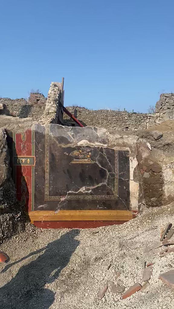 IX.10.1 Pompeii. June 2023. Atrium 2 west wall. Further excavation showing bordered panel.
IX.10.1 Pompeii. Giugno 2023. Atrio 2 parete ovest. Ulteriore scavo che mostra pannello bordato.
Photograph courtesy of Davide Peluso.
