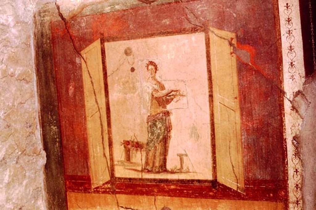 IX.14.4 Pompeii. 1961. Room 5, painting from west wall of cubiculum. Photo by Stanley A. Jashemski.
Source: The Wilhelmina and Stanley A. Jashemski archive in the University of Maryland Library, Special Collections (See collection page) and made available under the Creative Commons Attribution-Non Commercial License v.4. See Licence and use details. 
J61f0413
