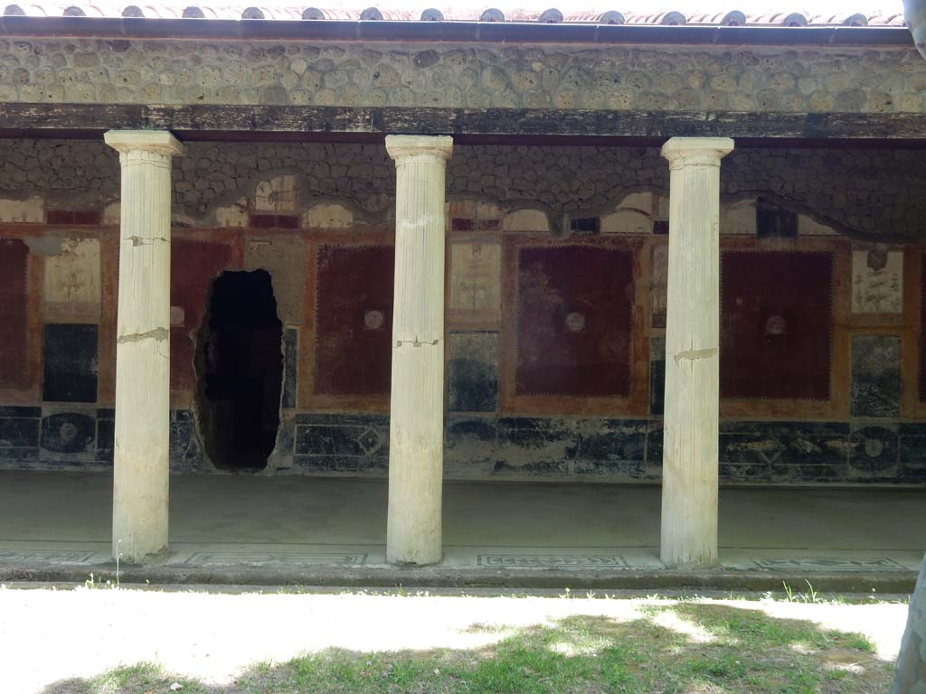 Villa San Marco, Stabiae, June 2019. Portico 20, looking towards east wall. 
The hole in the wall leads into the kitchen, room 26, and is a remnant of the 18th century tunnelling during the Bourbon excavation.
Photo courtesy of Buzz Ferebee
