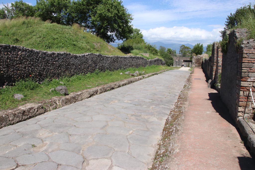 Via dell’Abbondanza between III.7 and II.5, Pompeii. May 2010.
Looking east towards remains of Porta di Sarno or Sarnus Gate (in centre). Photo courtesy of Ivo van der Graaff.


