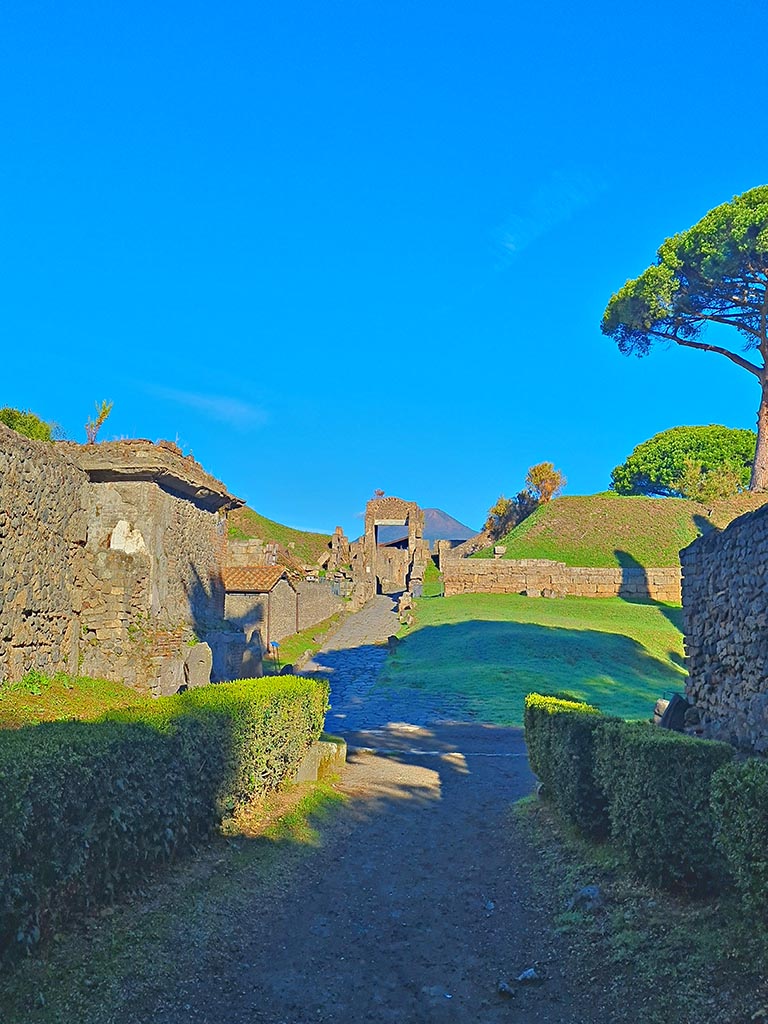 Via delle Tombe, lower right, Pompeii. May 2010. 
Looking north across junction with Via di Nocera and Nocera Gate. Photo courtesy of Ivo van der Graaff.
