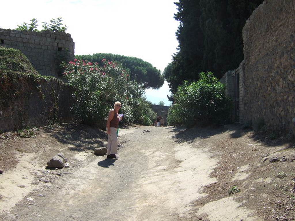 Vicolo dell’Anfiteatro, Pompeii. December 2018. Looking north-east towards west side of insula II.5. Photo courtesy of Aude Durand.