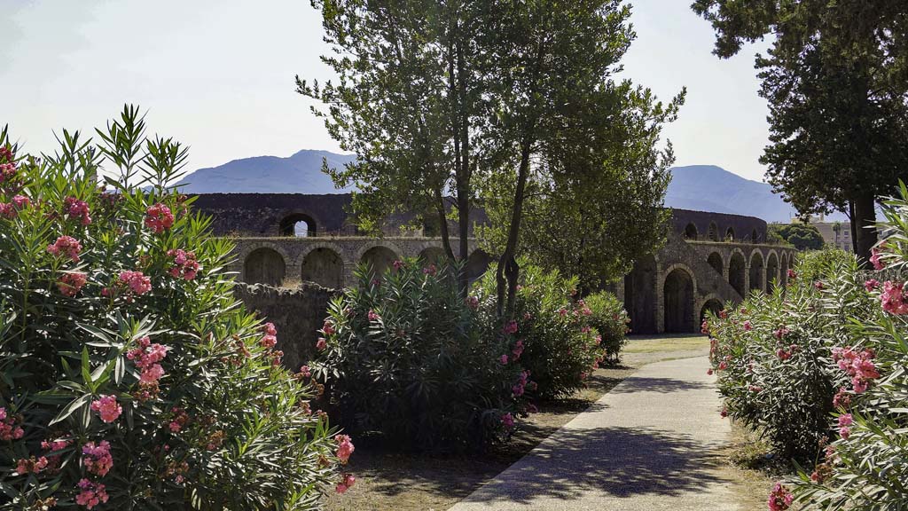 Vicolo dell’Anfiteatro, Pompeii. September 2019. Looking south towards Amphitheatre and Piazzale Anfiteatro. 
Photo courtesy of Klaus Heese.
