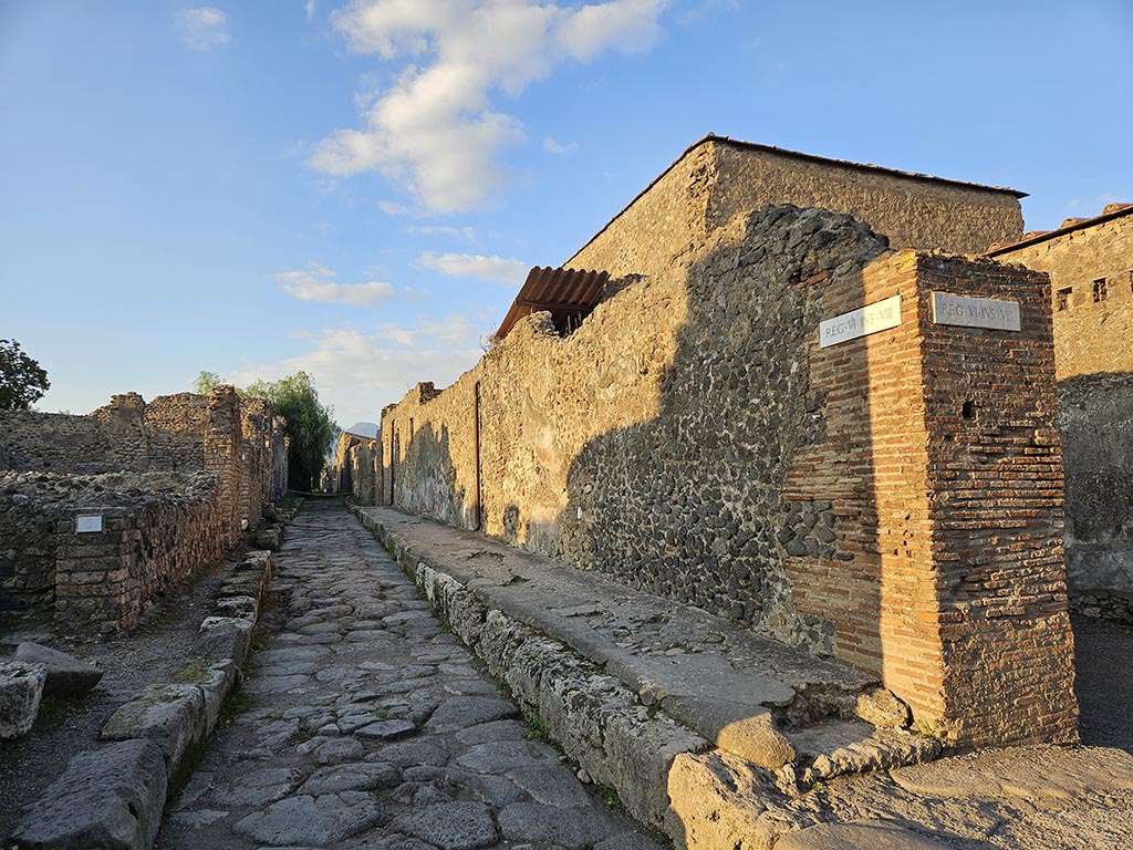 Vicolo della Fullonica, Pompeii. May 2010. 
Looking north between VI.6 and VI.8. Photo courtesy of Ivo van der Graaff.
