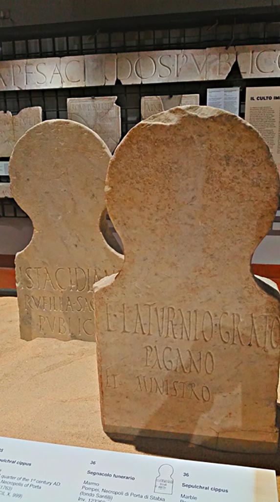 Fondo Santilli. Marble columella of Laturnia Ianuaria Calcaria'
Now in Naples Archaeological Museum. Inventory number 123261.
With circular hole near the base, found in the area between wall and tomb, 0.88m high, 0.31m wide, with red letters, written carelessly:

LATVRNIA
lANVARIA CALCARIA
VIX ANN XXXXV

Laturnia
Ianuaria Calcaria
vix(it) ann(is) XXXXV

Burial of a freeborn person.
See Notizie degli Scavi di Antichità, 1894, p. 15 no. 5
