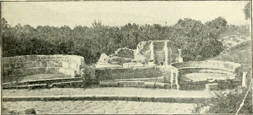 HGW02, 3 and 4 Pompeii. Old photograph, c. 1899, looking across Via dei Sepolcri with HGW03 tomb in centre.