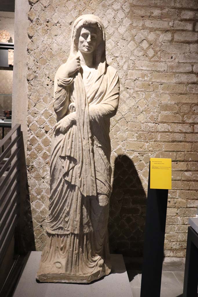 Pompeii Porta Nocera, Tomb 6EN. February 2021. 
Limestone funerary statue of a woman, on display in Antiquarium. 
Photo courtesy of Fabien Bièvre-Perrin (CC BY-NC-SA).

