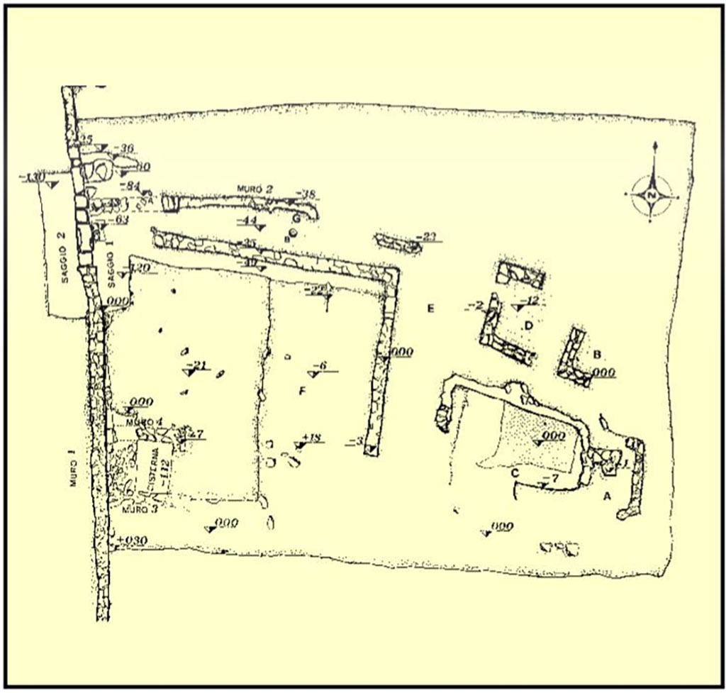 Gragnano. Remains of a Villa Rustica in proprietà Malafronte. Plan of remains.
See Di Massa G., 2000. Il Territorio di Gragnano nell’antichità e l’Ager Stabianus, p. 23, plan no. 8.

Gragnano. Resti di Villa Rustica in proprietà Malafronte. Pianta di resti.
Vedi Di Massa G., 2000. Il Territorio di Gragnano nell’antichità e l’Ager Stabianus, p. 23, pianta n. 8.
