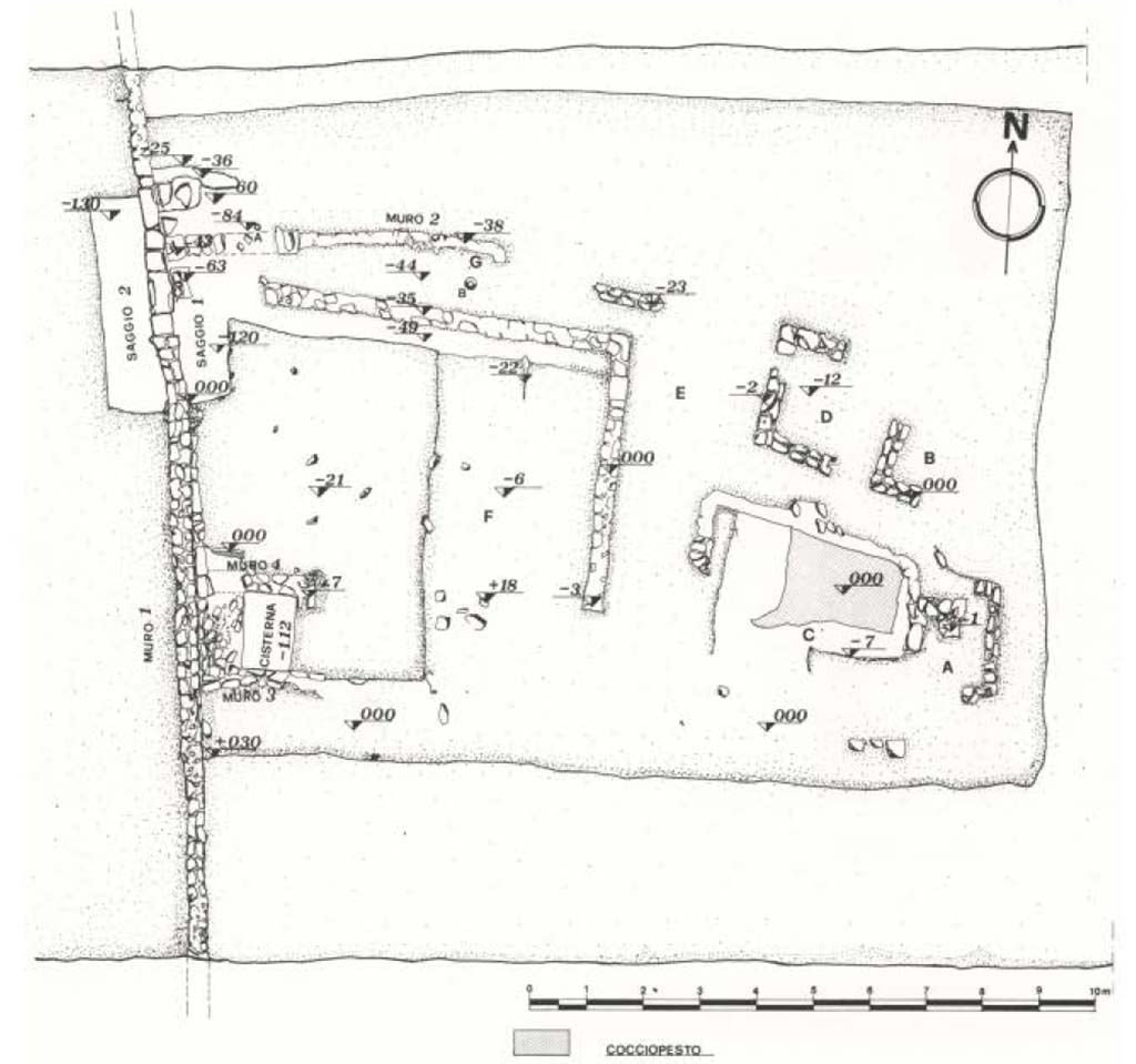 Gragnano. Resti di Villa Rustica in proprietà Malafronte. 1984. Fig. 4. Pianta di resti.
Vedi Miniero P., Di Giovanni V., Gasperetti G. Insediamenti di età repubblicana nell' ager Stabianus in Rivista di Studi Pompeiani V 1991-2, p. 22, fig. 4.
