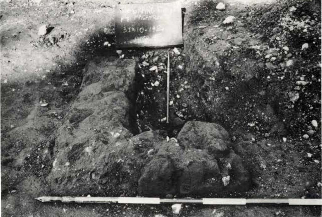 Gragnano proprietà Malafronte. 1984. Fig. 10. Resti di fondazioni in tufo (ambiente B).
Gragnano proprietà Malafronte. 1984. Fig. 10. Remains of tufa foundations (Room B).
Vedi/See Miniero P., Di Giovanni V., Gasperetti, G. Insediamenti di età repubblicana nell' ager Stabianus in Rivista di Studi Pompeiani V, 1991-2, p. 26 fig. 10.
