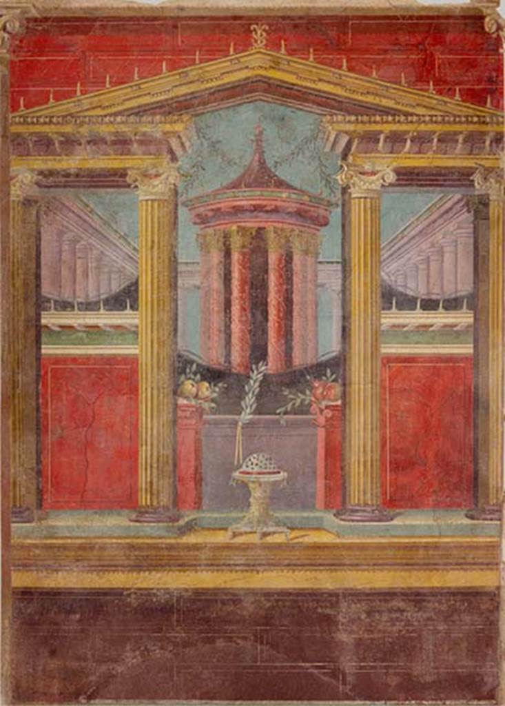 Villa of P Fannius Synistor at Boscoreale. Cubiculum M alcove. Panel with temple at east end of the alcove, the north end of the east wall. The temple scene is an analogue of the one on the west (other) end of the alcove.