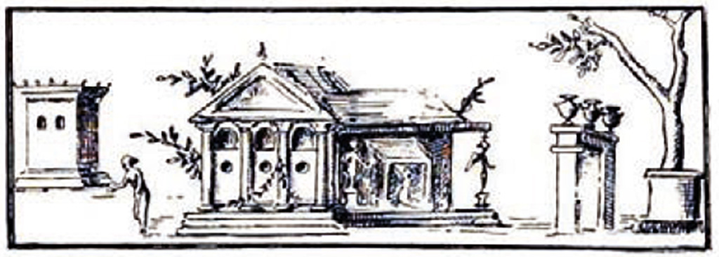 Villa of P. Fannius Synistor at Boscoreale. 1900. Room N, Triclinium ordinario, back wall.
According to Sambon, two panels were detached from the back wall of the triclinium.
They were above a white cornice and a frieze of Tritons, Nereids and Cupids (quick silhouettes on a purple background).
On one of these panels is represented a temple adorned with statues.
To the right is a well built around a tree struck by lightning.
In front of this is an arch topped by three vases; to the left is a woman standing; and behind is a small square monument. 
Measurement: 0.72 m X 0.75m.
See Sambon A, 1903. Les Fresques de Boscoreale. Paris and Naples: Canessa.  36, p. 20.
Now in the Muse Royal de Mariemont, Morlanwelz, Belgium. Inventory number R59.
See http://www.musee-mariemont.be/

