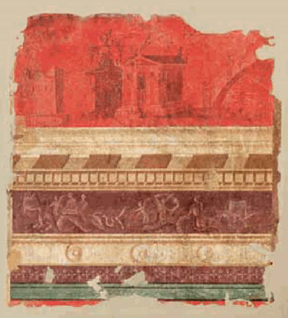 Villa of P. Fannius Synistor at Boscoreale. 1966. Room N, Triclinium ordinario back wall.
According to Sambon, two panels were detached from the back wall of the triclinium.
They were above a white cornice and a frieze of Tritons, Nereids and Cupids (quick silhouettes on a purple background).
On the second panel is a temple surrounded by a portico, next to a small circular structure that resembled a Chinese pagoda. 
To the right is a bridge. To the left are ruins.
Measurement 0.72 m X. 0. 79 m.
See Sambon A, 1903. Les Fresques de Boscoreale. Paris and Naples: Canessa.  37, p. 20.
Now in the Muse Royal de Mariemont, Morlanwelz, Belgium. Inventory number R60.
See http://www.musee-mariemont.be/

