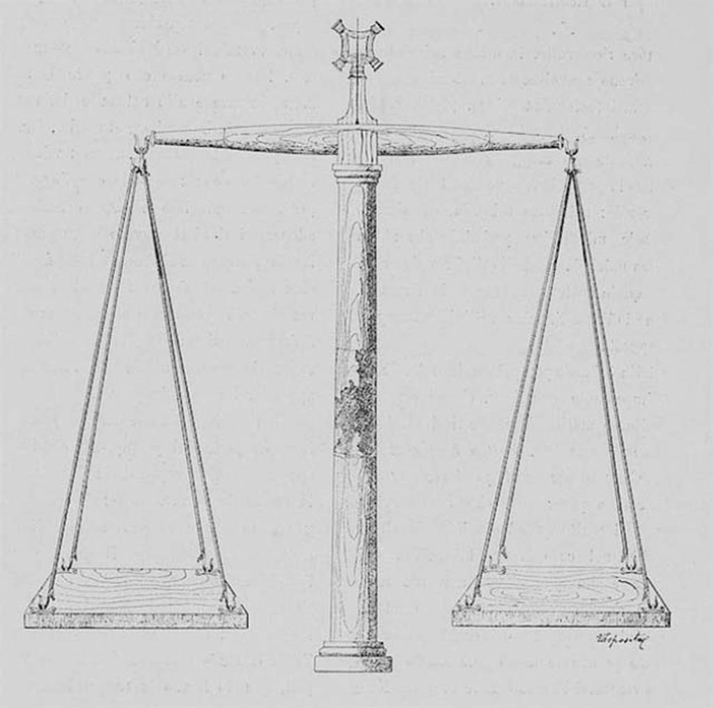 Boscoreale, La villa del Fondo Acunzo. Vestibule 4. Reconstruction of a great equilibrium balance in wood and bronze.
See Della Corte, Librae Pompeianae, in Monumenti Antichi XXI, 1912, p. 17, fig. 4.
