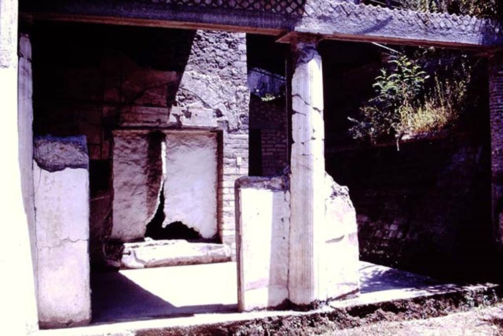 Oplontis, 1977. Area 19, looking east onto portico 13, and towards doorway to room 11. Photo by Stanley A. Jashemski.   
Source: The Wilhelmina and Stanley A. Jashemski archive in the University of Maryland Library, Special Collections (See collection page) and made available under the Creative Commons Attribution-Non Commercial License v.4. See Licence and use details. J77f0355
