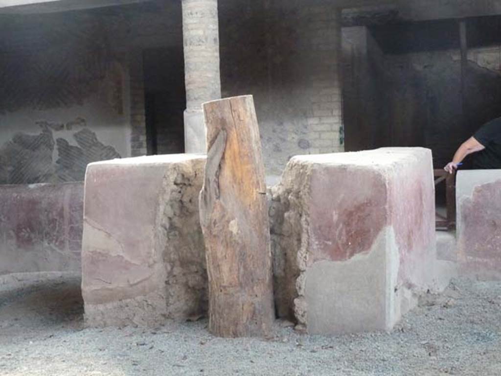 Oplontis, September 2015. Room 32, looking west towards rear of painted fountain, with tree.