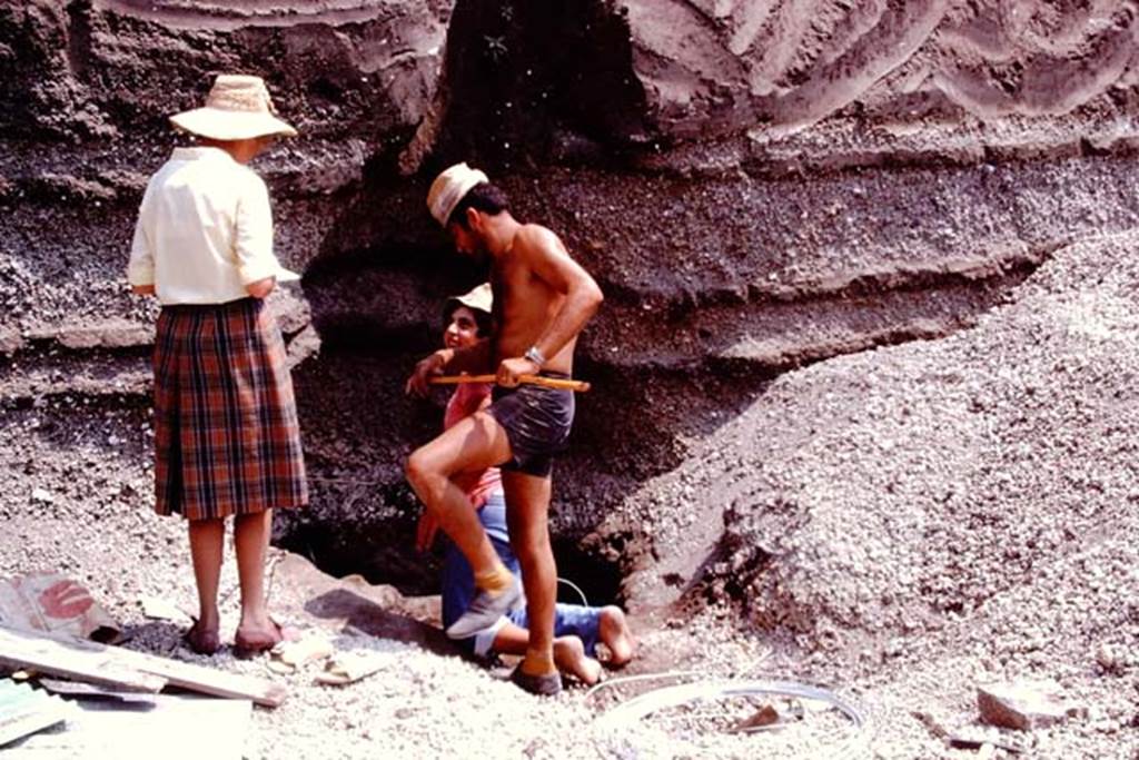 Oplontis, 1974. Excavating a cavity in the lapilli, at the rear of room 58. Photo by Stanley A. Jashemski.   
Source: The Wilhelmina and Stanley A. Jashemski archive in the University of Maryland Library, Special Collections (See collection page) and made available under the Creative Commons Attribution-Non Commercial License v.4. See Licence and use details. J74f0636
