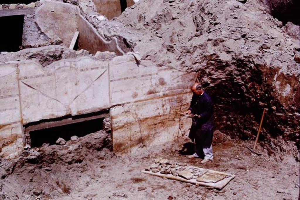 Oplontis, 1975. Restorer collecting the fallen pieces of plaster from Area 60, the portico overlooking the pool. The doorway would lead into room 72, and the painted wall would be on its north side. Photo by Stanley A. Jashemski.   
Source: The Wilhelmina and Stanley A. Jashemski archive in the University of Maryland Library, Special Collections (See collection page) and made available under the Creative Commons Attribution-Non Commercial License v.4. See Licence and use details. J75f0090
