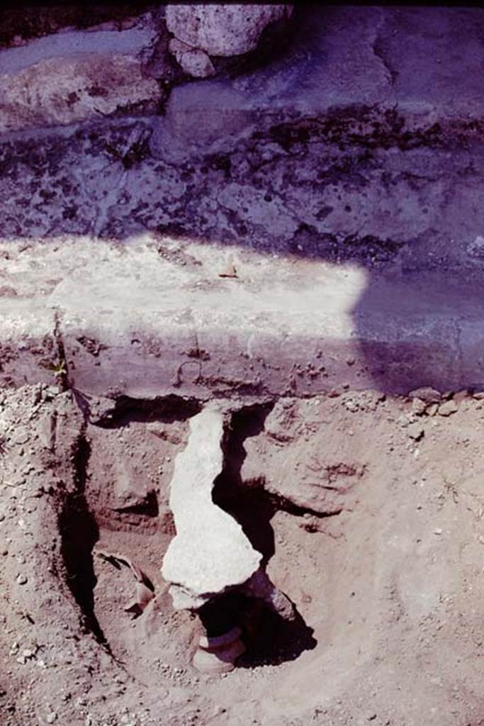 Oplontis, 1978. Filled root-cavity with buried pot below, in front of a column. Photo by Stanley A. Jashemski.   
Source: The Wilhelmina and Stanley A. Jashemski archive in the University of Maryland Library, Special Collections (See collection page) and made available under the Creative Commons Attribution-Non Commercial License v.4. See Licence and use details. J78f0657
