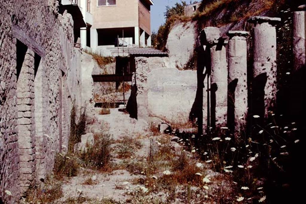 Oplontis, Villa of Lucius Crassius Tertius. 1978. Area 20, south side of peristyle, with rooms 13, 12, 1 and 11 on left and 21 and 22 at the back. 
Photo by Stanley A. Jashemski.   
Source: The Wilhelmina and Stanley A. Jashemski archive in the University of Maryland Library, Special Collections (See collection page) and made available under the Creative Commons Attribution-Non Commercial License v.4. See Licence and use details.
J78f0597
