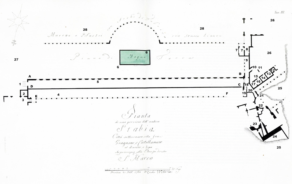 Stabiae, Villa del Pastore. 1760 plan of eastern part of the villa by Carl Weber.
See Ruggiero M., 1881. Degli scavi di Stabia dal 1749 al 1782, Naples, pl. III.
The area was explored between 1754 and 1759 when the large “garden” was discovered in the then Masseria dei Gesuiti.
See Sodo A. M., 2004. In Stabiano: Exploring the Ancient Seaside Villas of the Roman Elite. Castellammare: Nicola Longobardi, p. 63.
