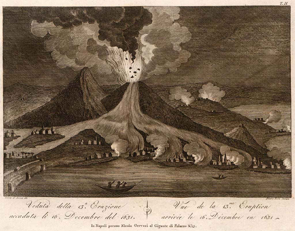 Vesuvius eruption 1631. Drawing by Oliva d’Anna 1805, engraved by Pietro Toro.
See Della Torre, Nicola Filomarino, 1805. Raccolta di tutte le vedute che esistevano nel gabinetto del Duca Della Torre rappresentanti l'eruzioni del Monte Vesuvio fin oggi accadute. Napoli: Nicola Gervasi, Tav. II.
See book on E-RARA
