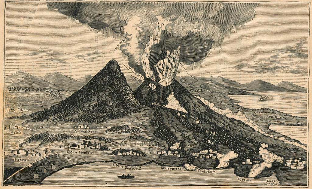 Vesuvius eruption 1631. Eruzione del 1631: Veduta estratta da autori contemporanei. 1880 drawing by Luigi Palmieri.
See Palmieri L., 1880. Il Vesuvio e la sua storia. Milano: Tipografia Faverio, fig. 4.
