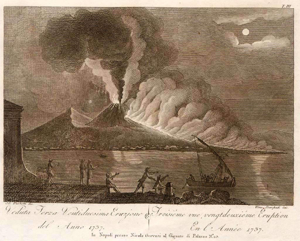 Vesuvius eruption 1737. Drawing by Odovardo Fischietti 1805, engraved by Vincenzo Scarpati.
See Della Torre, Nicola Filomarino, 1805. Raccolta di tutte le vedute che esistevano nel gabinetto del Duca Della Torre rappresentanti l'eruzioni del Monte Vesuvio fin oggi accadute. Napoli: Nicola Gervasi, Tav. III.
See book on E-RARA
