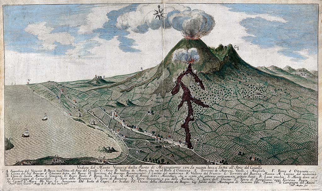 Vesuvius 1752. Mount Vesuvius erupting: view from the south, with surrounding countryside and coastline. 
Coloured etching titled “Veduta del monte Vesuvio dalla parte di mezzogiorno con la nuova bocca fatta all'Atrio del Cavallo”. 
Coloured etching by F. Morghen, 1752, after F. Geri, 1752. Credit: Wellcome Collection. CC BY
The Wellcome Collection page has entries - Naples: Giovanni di Simone: 1752.
Mecatti in his 1752 book published by Giovanni di Simone of Naples mentions Signor Francesco Geri Gìardinier Maggiore di S.M. Sicialiana several times and this description is also the designer’s signature in the bottom left of this painting.
Mecatti also lists in the contents “Carta del Signor Francesco Geri dimostrante la presente Eruzione, preso il punto di veduta proprio di dove sboccò la Lava all'Atrio del Cavallo”, pag. CCCXXXVI, [which is this etching but uncoloured].
See Mecatti, Giuseppe Maria, 1752. Racconto storico-filosofico del Vesuvio e particolarmente di quanto è occorso in quest' ultima eruzione principiata il dì 25. ottobre 1751. e cessata il dì 25. febbrajo 1752. al luogo detto l'Atrio del Cavallo. Napoli: Presso di Giovanni di Simone.
