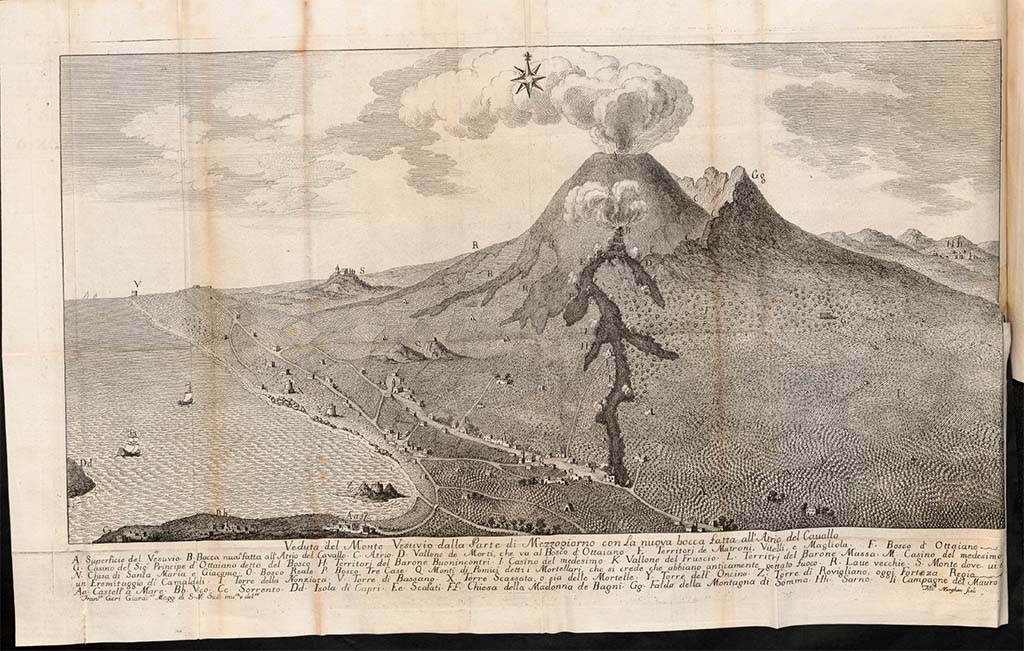 Vesuvius Eruption 1752. “Veduta del monte Vesuvio dalla parte di mezzogiorno con la nuova bocca fatta all'Atrio del Cavallo”. 
Etching designed by Francesco Geri and etched by Filippo Morghen. Published by Mecatti in 1752.
See Mecatti, Giuseppe Maria, 1752. Racconto storico-filosofico del Vesuvio e particolarmente di quanto è occorso in quest' ultima eruzione principiata il dì 25. ottobre 1751. e cessata il dì 25. febbrajo 1752. al luogo detto l'Atrio del Cavallo. Napoli: Presso di Giovanni di Simone, pag. CCCXXXVI, [uncoloured].
