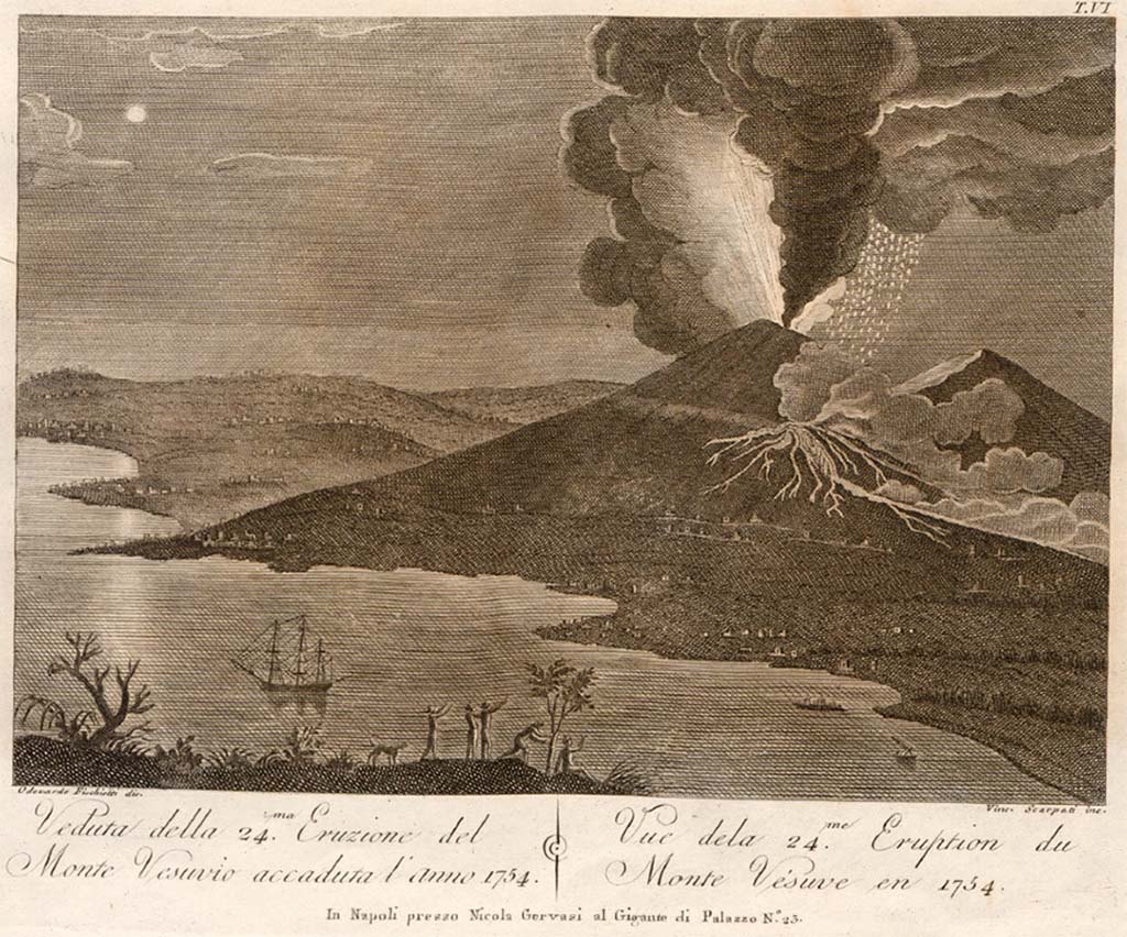 Vesuvius eruption 1754. Drawing by Odovardo Fischietti 1805, engraved by Vincenzo Scarpati.
See Della Torre, Nicola Filomarino, 1805. Raccolta di tutte le vedute che esistevano nel gabinetto del Duca Della Torre rappresentanti l'eruzioni del Monte Vesuvio fin oggi accadute. Napoli: Nicola Gervasi, Tav. VI.
See book on E-RARA
