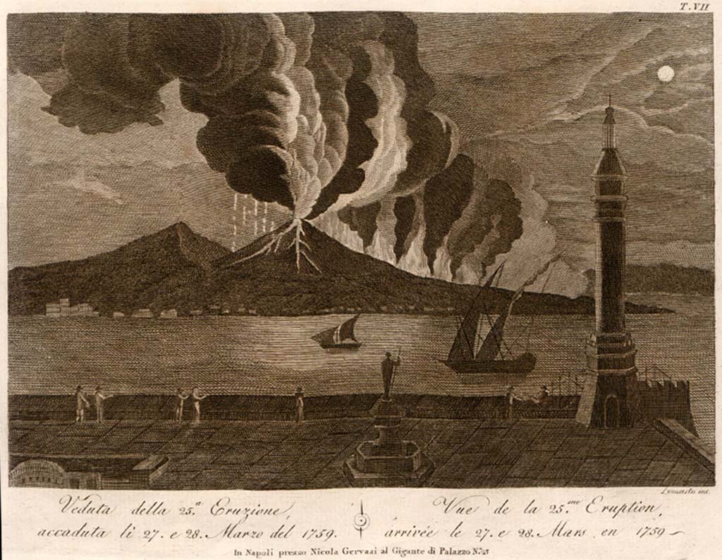 Vesuvius eruption 27th and 28th March 1759. Drawing of eruption made in 1805, engraved by Lomasto.
See Della Torre, Nicola Filomarino, 1805. Raccolta di tutte le vedute che esistevano nel gabinetto del Duca Della Torre rappresentanti l'eruzioni del Monte Vesuvio fin oggi accadute. Napoli: Nicola Gervasi, Tav. VII.
See book on E-RARA
