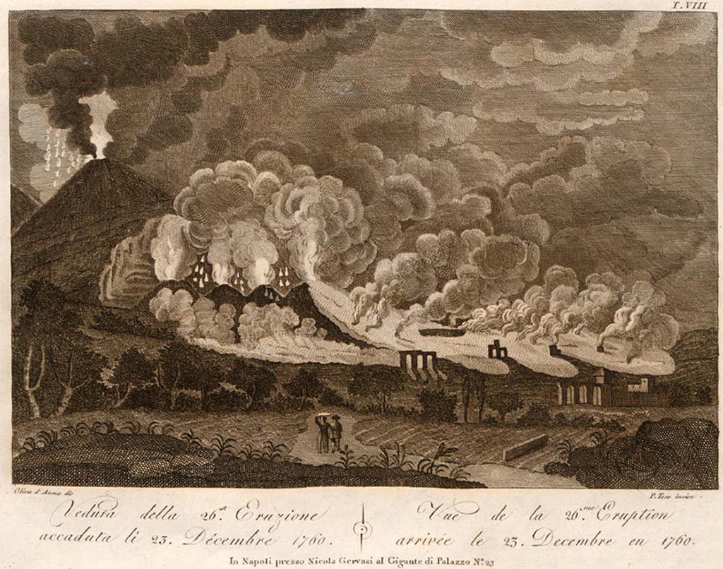 Vesuvius eruption 23rd December 1760. Drawing of eruption by Oliva d’Anna made in 1805, engraved by P. Toro.
See Della Torre, Nicola Filomarino, 1805. Raccolta di tutte le vedute che esistevano nel gabinetto del Duca Della Torre rappresentanti l'eruzioni del Monte Vesuvio fin oggi accadute. Napoli: Nicola Gervasi, Tav. VIII.
See book on E-RARA
